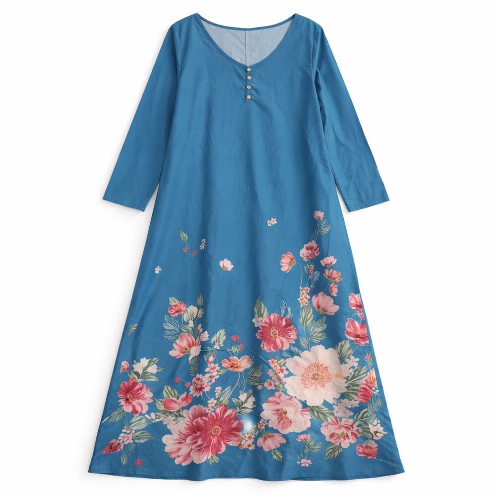 Sky Blue Maxi Dress Vintage Vibes Cottagecore Modest Floral Coquette Large